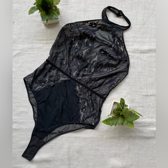 Bras N Things Tops - Black Sheer Lace Halter Bodysuit